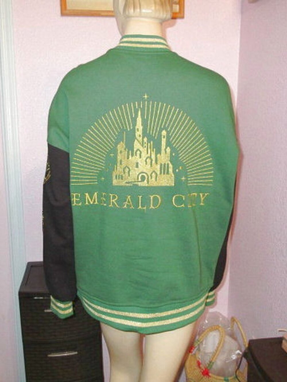 Wicked Emerald City Bomber Jacket Size M Glitter Embroidered Oversized Varsity